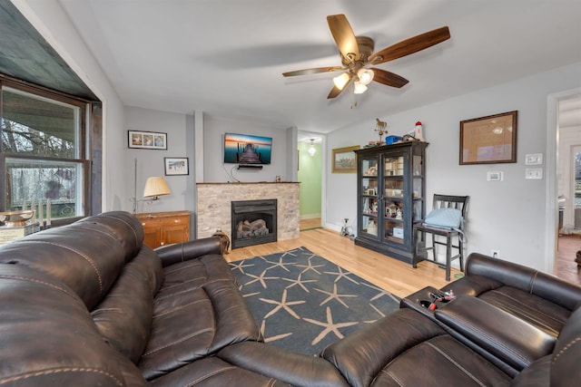 716 Dias Creek Rd, Cape May Court House, NJ 08210 - living area featuring a ceiling fan, a fireplace with flush hearth, wood finished floors, and baseboards