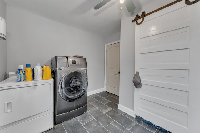 716 Dias Creek Rd, Cape May Court House, NJ 08210 - laundry area with washing machine and dryer, a ceiling fan, and baseboards
