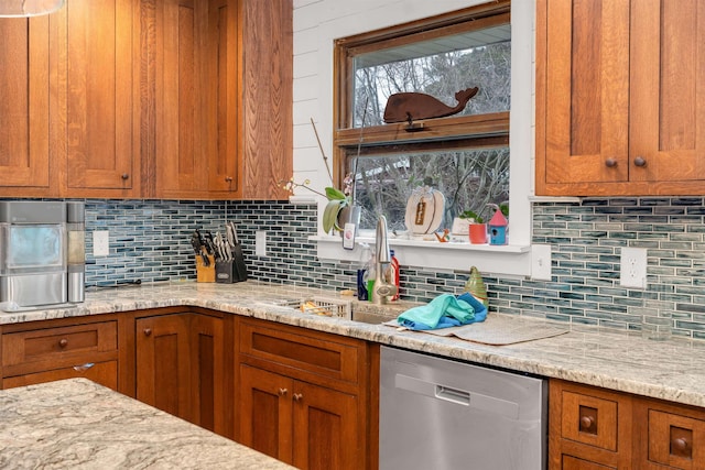 716 Dias Creek Rd, Cape May Court House, NJ 08210 - kitchen with dishwasher, brown cabinets, tasteful backsplash, and a sink