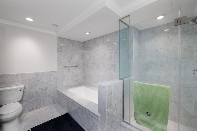 bathroom with shower with separate bathtub, ornamental molding, tile walls, and toilet