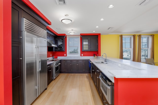 kitchen featuring kitchen peninsula, appliances with stainless steel finishes, light wood-type flooring, light stone counters, and sink