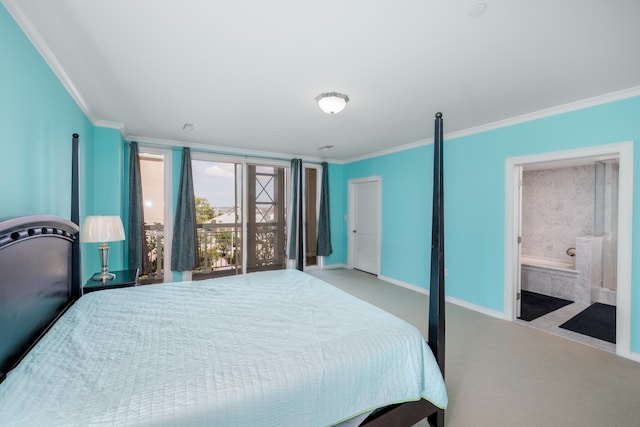 bedroom featuring ensuite bathroom, light colored carpet, and ornamental molding