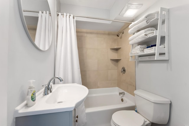 full bathroom featuring vanity, toilet, and shower / bathtub combination with curtain