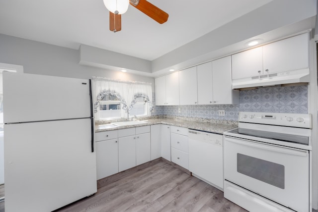 kitchen with white cabinetry, sink, white appliances, and light wood-type flooring