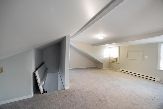 bonus room featuring light carpet, vaulted ceiling, baseboard heating, and cooling unit