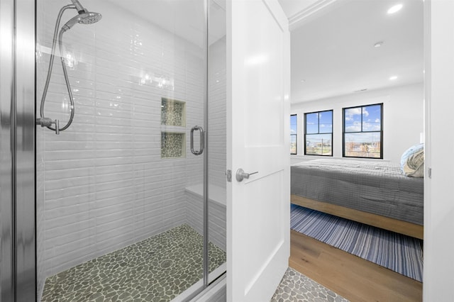 2977 Dune Dr Unit 6, Avalon, NJ 08202 - ensuite bathroom with wood finished floors, a shower stall, and recessed lighting