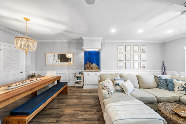 110 W Walnut Ave Unit 103, North Wildwood, NJ 08260 - living room with crown molding, dark wood-type flooring, recessed lighting, wainscoting, and a chandelier