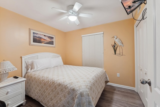 bedroom with a closet, ceiling fan, and dark hardwood / wood-style flooring