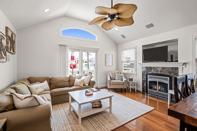 364 41st St E, Unit East, Avalon, NJ 08202 - living area with ceiling fan, a fireplace, lofted ceiling, wood finished floors, and recessed lighting