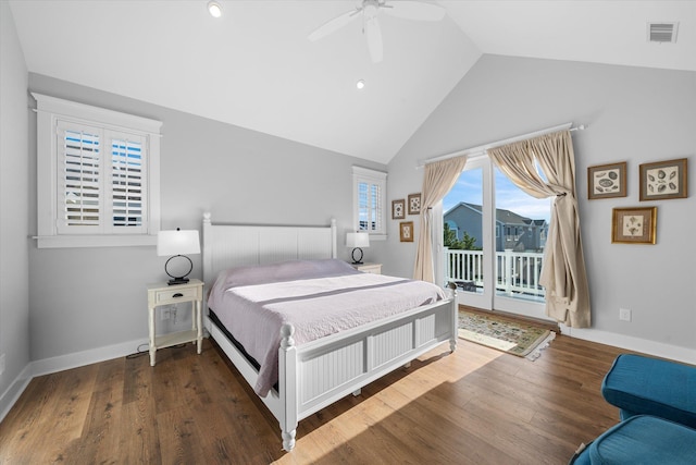 bedroom featuring lofted ceiling, access to outside, visible vents, and dark wood-style flooring