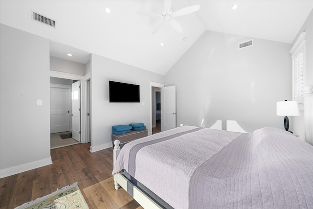 bedroom with dark wood-style floors, visible vents, a ceiling fan, high vaulted ceiling, and baseboards