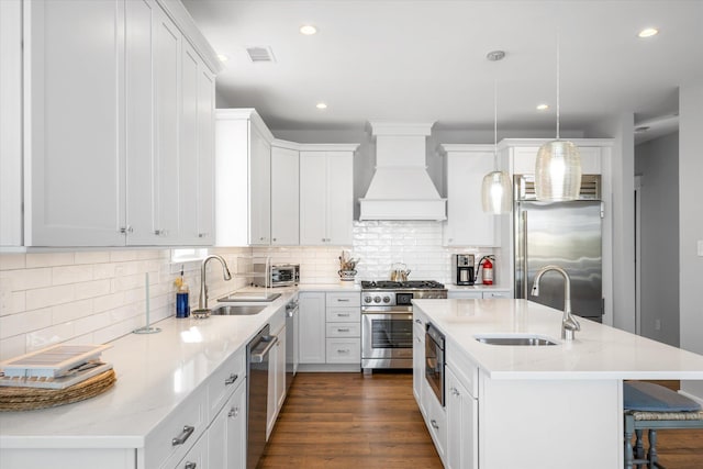 kitchen with a sink, premium range hood, premium appliances, and a center island