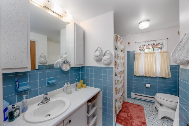 bathroom with vanity, toilet, tile walls, walk in shower, and a baseboard radiator