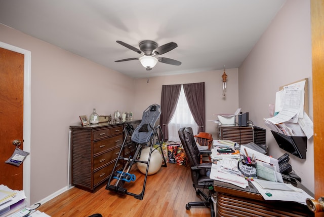 office area featuring ceiling fan and light wood-type flooring