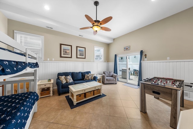 32 47th St E Unit, East Unit, Sea Isle City, NJ 08243 - recreation room with wainscoting, a ceiling fan, tile patterned flooring, and recessed lighting