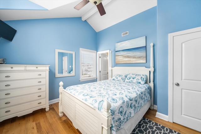 32 47th St E Unit, East Unit, Sea Isle City, NJ 08243 - bedroom featuring light wood-style flooring, beamed ceiling, high vaulted ceiling, and ceiling fan