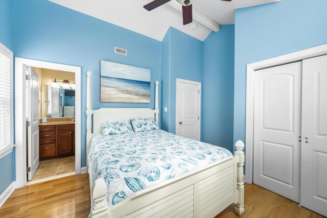 32 47th St E Unit, East Unit, Sea Isle City, NJ 08243 - bedroom featuring light wood-style floors, a closet, a ceiling fan, and connected bathroom