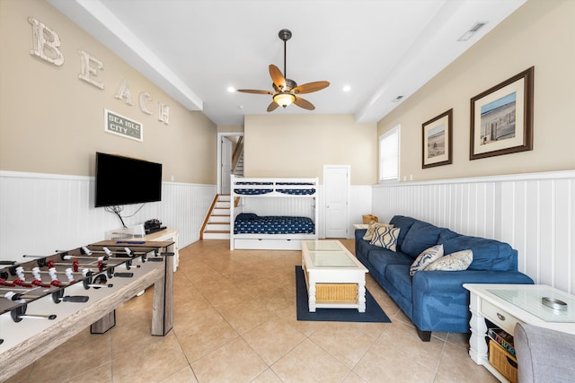 32 47th St E Unit, East Unit, Sea Isle City, NJ 08243 - living area featuring a wainscoted wall, ceiling fan, light tile patterned flooring, and recessed lighting