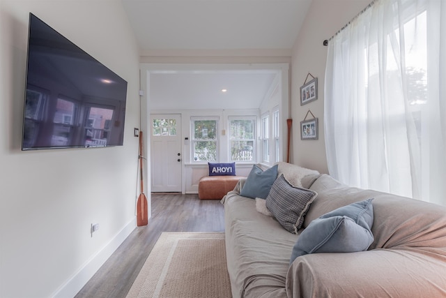 living area featuring baseboards, lofted ceiling, and wood finished floors