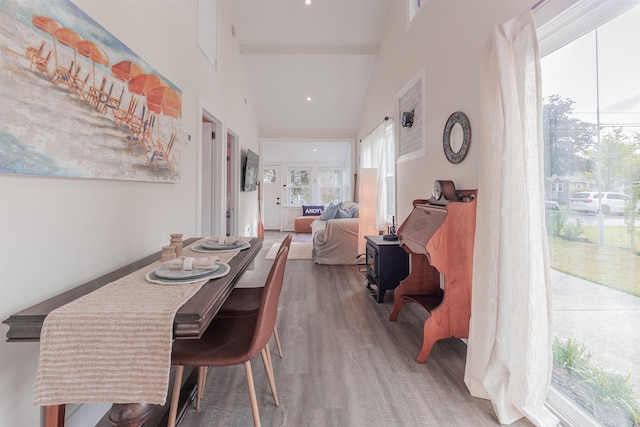 dining room featuring a towering ceiling and wood finished floors