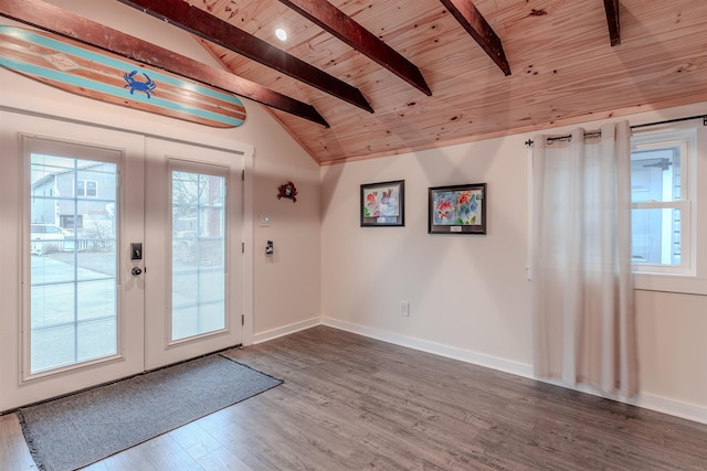 doorway to outside featuring baseboards, dark wood finished floors, vaulted ceiling with beams, french doors, and wooden ceiling