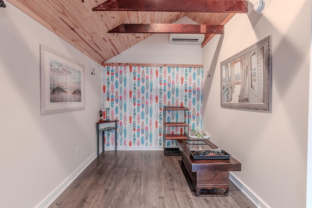 corridor with lofted ceiling with beams, wood finished floors, wood ceiling, and baseboards