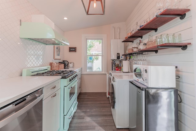 kitchen featuring ventilation hood, dishwasher, light countertops, water heater, and range with gas stovetop