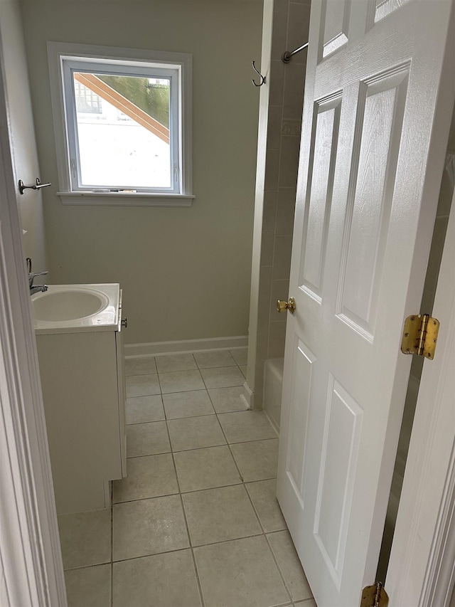 bathroom with vanity, bathing tub / shower combination, and tile patterned floors