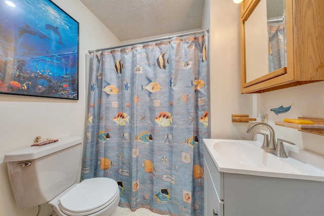 bathroom featuring vanity, a textured ceiling, toilet, and curtained shower