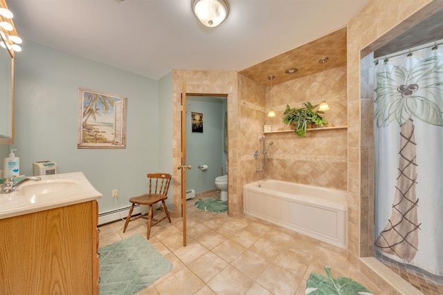 full bathroom featuring tile patterned floors, vanity, separate shower and tub, a baseboard heating unit, and toilet