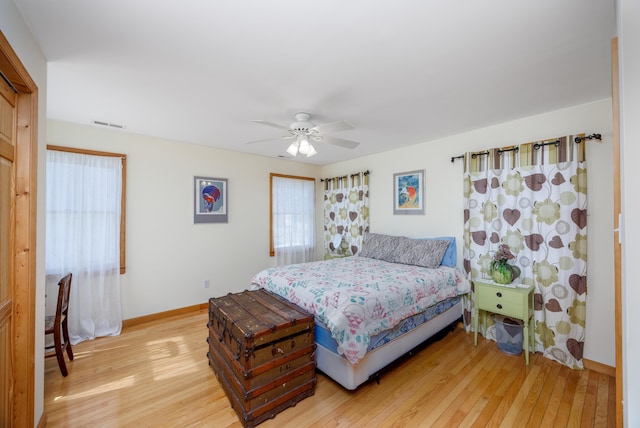 bedroom with visible vents, ceiling fan, light wood-type flooring, and baseboards