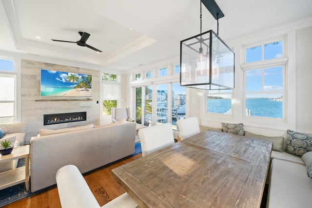 dining room with dark hardwood / wood-style floors, a water view, a fireplace, and a tray ceiling