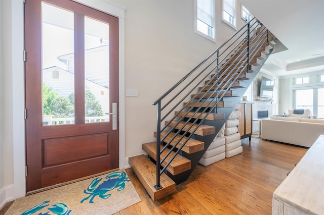 entrance foyer with hardwood / wood-style flooring, a raised ceiling, ornamental molding, and a wealth of natural light