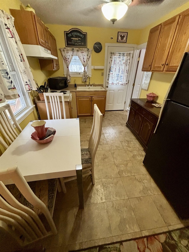 kitchen with a textured ceiling, under cabinet range hood, a sink, and freestanding refrigerator