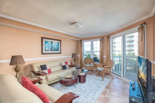 9905 Seapointe Blvd Unit 307, Lower Township, NJ 08260 - living room featuring light stone finish flooring and crown molding