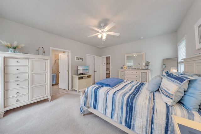 bedroom with light colored carpet and ceiling fan