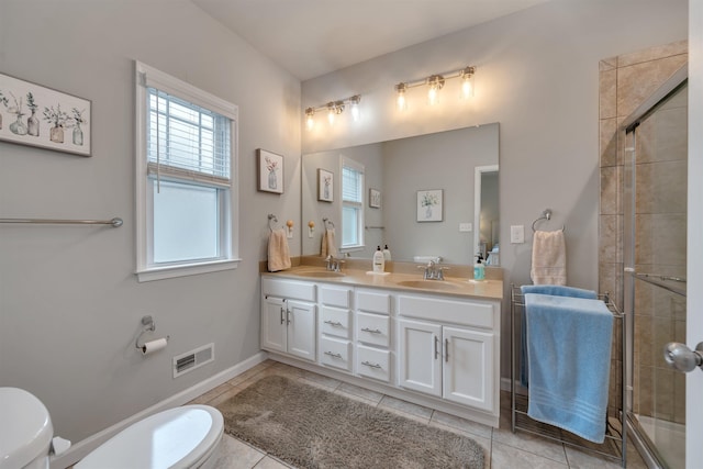 full bath with visible vents, a stall shower, a sink, tile patterned floors, and toilet