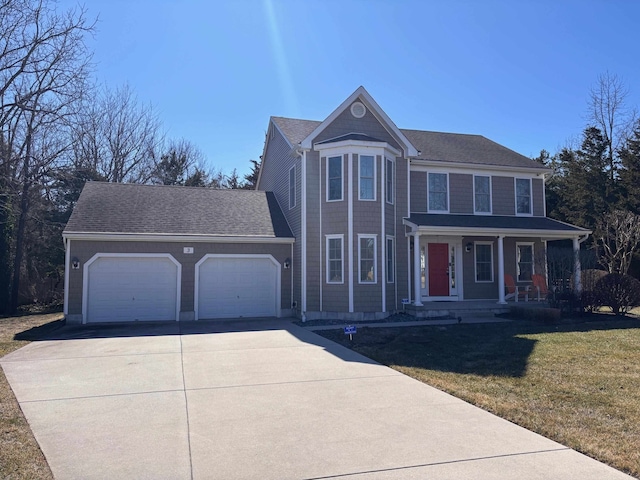 traditional home with driveway, roof with shingles, an attached garage, and a front yard