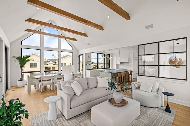 144 89th St, Stone Harbor, NJ 08247 - living room featuring beamed ceiling, light wood-type flooring, and high vaulted ceiling