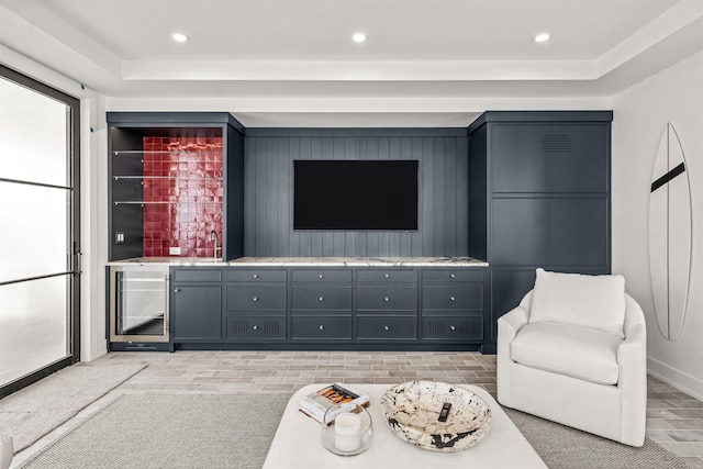 144 89th St, Stone Harbor, NJ 08247 - living area featuring beverage cooler, a dry bar, recessed lighting, and a raised ceiling