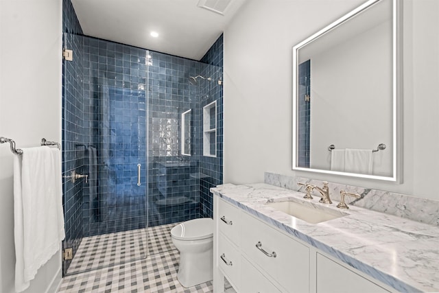 144 89th St, Stone Harbor, NJ 08247 - full bathroom with vanity, a shower stall, tile patterned floors, and recessed lighting