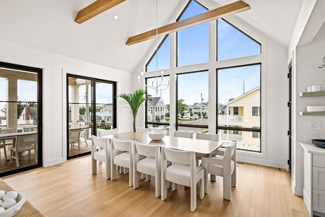 144 89th St, Stone Harbor, NJ 08247 - dining area featuring beamed ceiling, light wood finished floors, and high vaulted ceiling