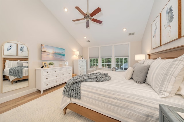 202 Osprey Dr Unit 202, Cape May Court House, NJ 08210 - bedroom featuring high vaulted ceiling, light wood-style flooring, recessed lighting, and a ceiling fan