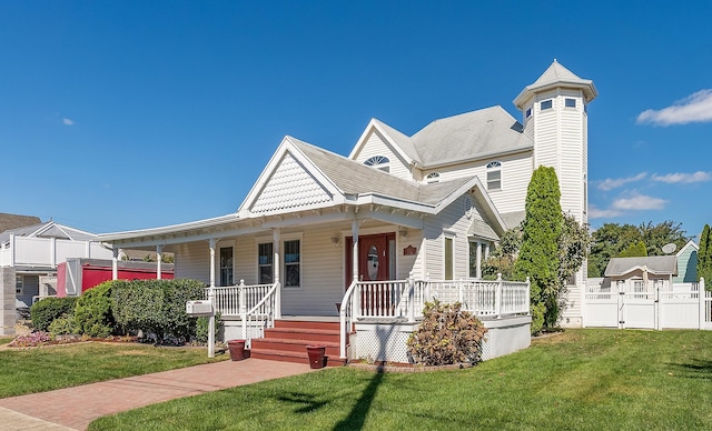 victorian-style house with a front lawn and a porch