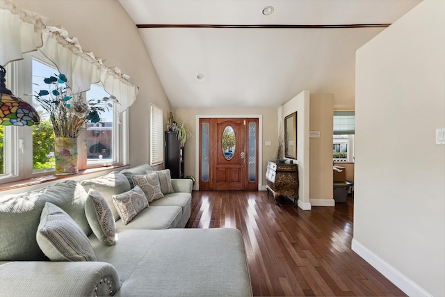 living room featuring dark hardwood / wood-style floors and lofted ceiling