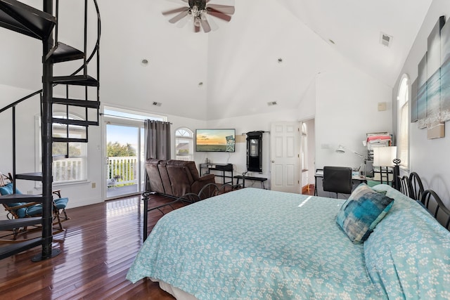 bedroom with access to exterior, dark hardwood / wood-style floors, high vaulted ceiling, and ceiling fan