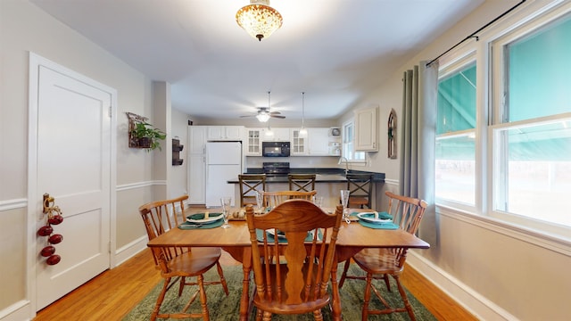 dining room with light hardwood / wood-style flooring, ceiling fan, and sink