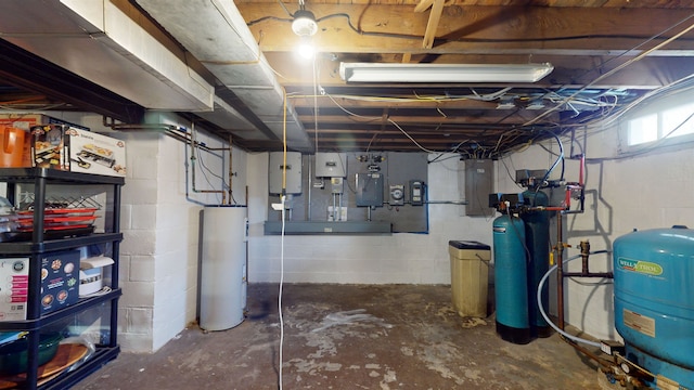 basement with electric panel and gas water heater