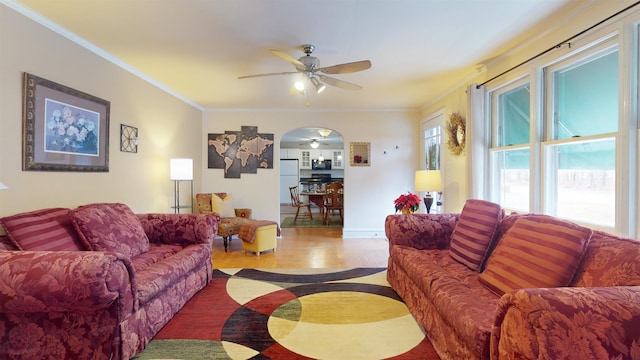 living room with hardwood / wood-style flooring, ceiling fan, and ornamental molding