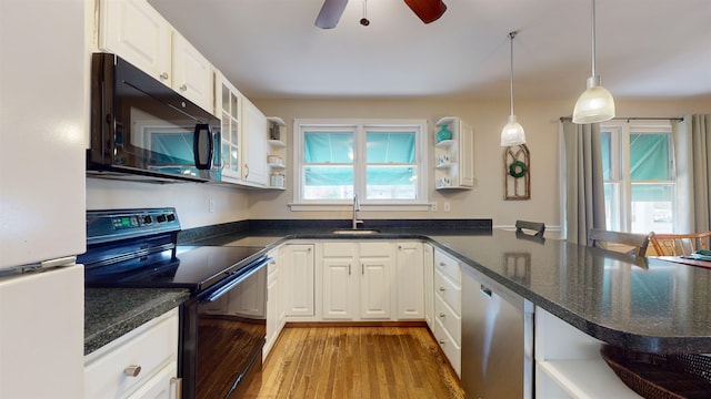 kitchen featuring black appliances, sink, ceiling fan, light hardwood / wood-style floors, and white cabinetry